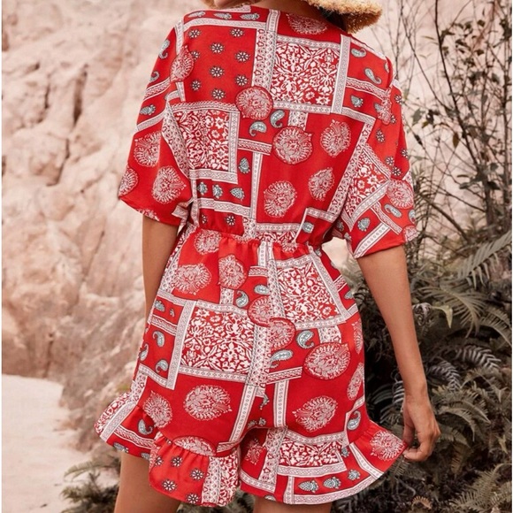 New Boho Red & White Scarf Print Batwing Sleeve Knot Front Ruffle Hem Romper - Picture 5 of 12